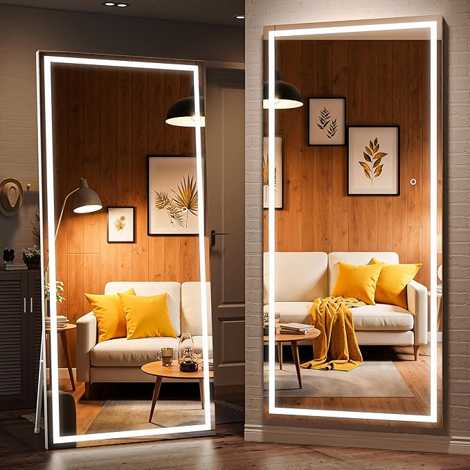 Full Length Mirror with Lights, 79" x 36" LED Lighted Floor Standing Body Mirror, Dimmable & 3 Color Lighting for Bedroom, Cloakroom, Dressing Room, Tempered Glass, Square White
