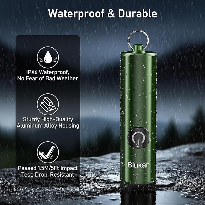 Blukar Rechargeable EDC Flashlight, Mini Keychain Flash Light with 3 Lighting Modes, Memory Function, Waterproof, Compact and Portable Pocket Light for Everyday Carry, Emergency,Camping-Dark Green