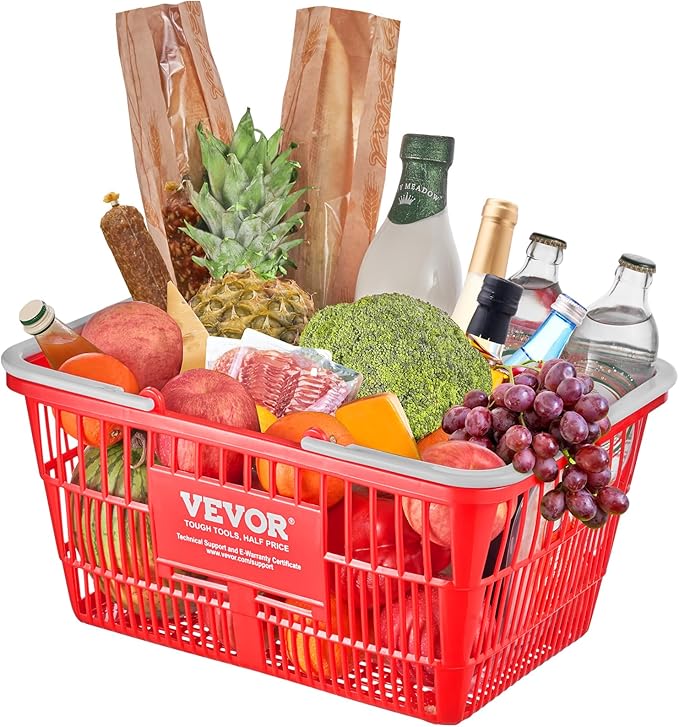 VEVOR 12 PCS Red Plastic Grocery Basket, 16.5 x 11.8 x 8.27 inch Rectangular, 21L Capacity, Modern Style, No Lid, PE Material, Ideal for Supermarket, Shopping Center, Convenience Store