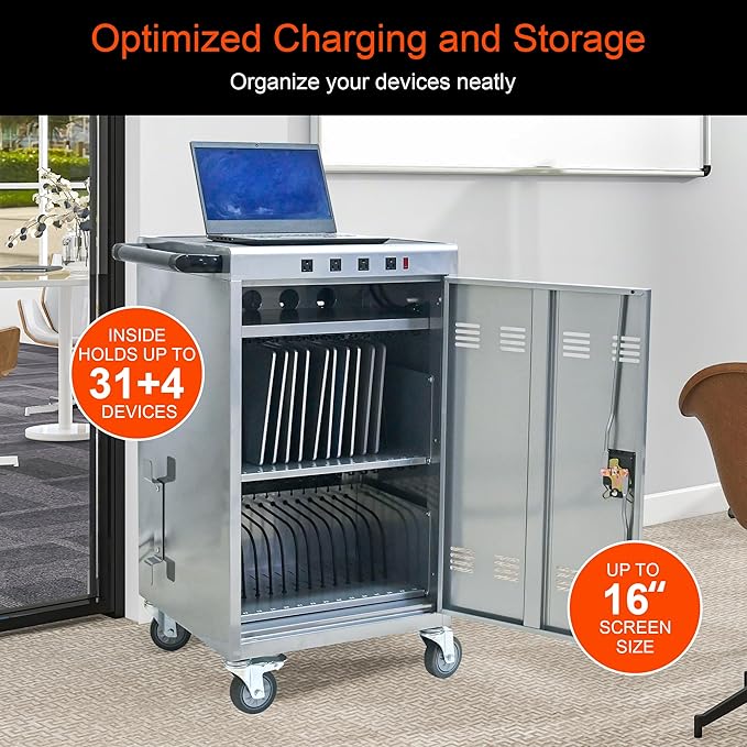 Laptop Charging Cart,35 Devices Tablet Storage Carts for pad Up to 16.3" Screen Size, Classroom Computer Mobile Charging Station for pads, Chromebooks,Laptops, Security Storage(31+4 Bay-Silver)