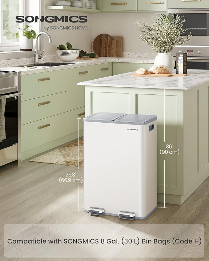 SONGMICS Trash Can, 2 x 8 Gallon (2 x 30 L) Dual-Compartment Garbage Can with Soft-Close Lid, Pedal and Inner Buckets, Stainless Steel, Includes 15 Liner Bags, Matte White ULTB741W01