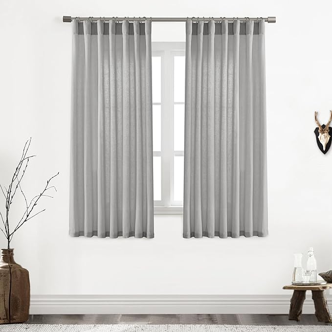 XTMYI Grey 63 Inch Length 2 Panels Back Tab/Hook Belt Linen Cotton Sheer Curtains for Bedroom,50 Inch Wide