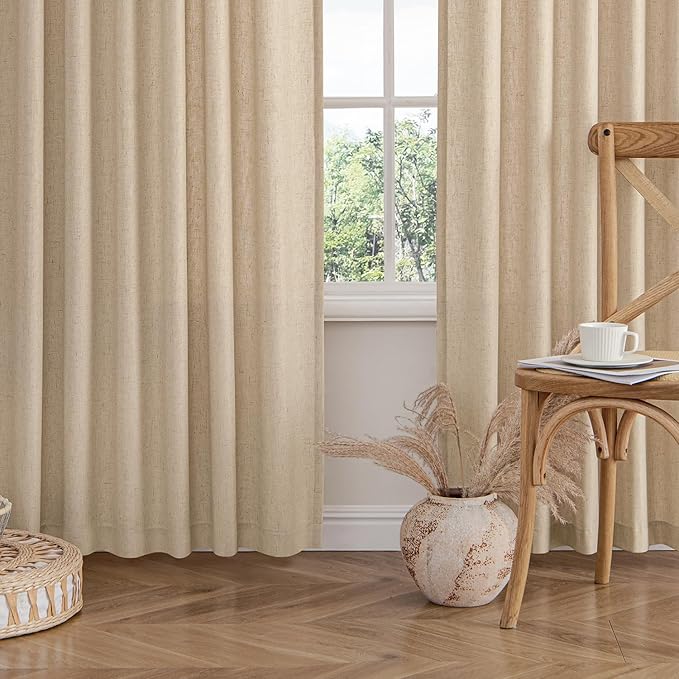 MIULEE Non-See-Through Privacy Linen Curtains 2 Panels, Light Filtering Window Curtains Farnhouse Textured Back Tab Semi Sheer Drapes for Bedroom Living Room, 52 x 63 Inches Long, Light Brown