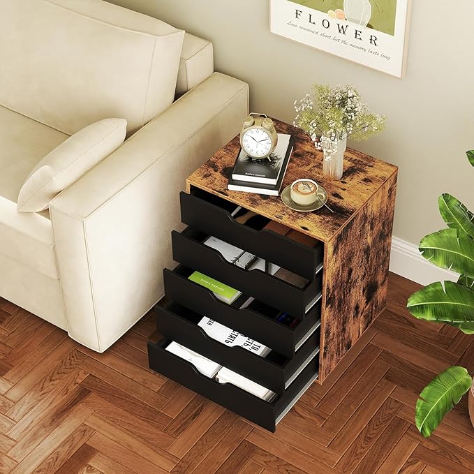 LOKO 5-Drawer Storage Cabinet, Versatile Drawer of Chest with Lockable Wheels, Mobile Office Lateral File Cabinet, for Home Office, Study (Rustic Brown + Black, 16" D x 19.5" W x 25.5" H)