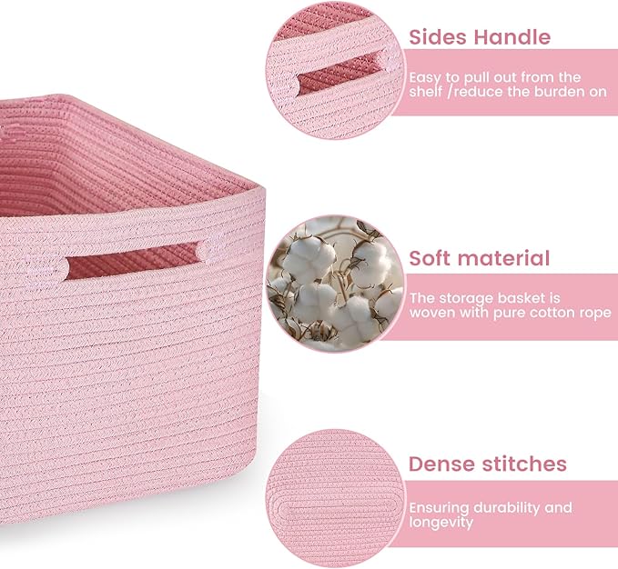 3 Pack Shelf Woven Storage Basket, 15 x 10 x 9” Closet Rope Baskets For Organizing, Square Bins with Handles, Pink