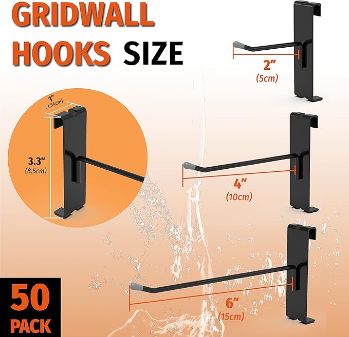 HUHOLE Gridwall Hooks 4 Inch, 50PC Display Hooks for Grid Wall, Hook for Grid Wall Panel, Black