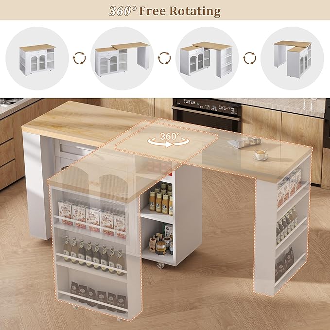 LYNCOHOME Rolling Kitchen Island with 360° Rotating Tabletop, Mobile Lockable Wheels & Adjustable Shelves, Multifunctional Storage Cart for Kitchen & Dining（White）