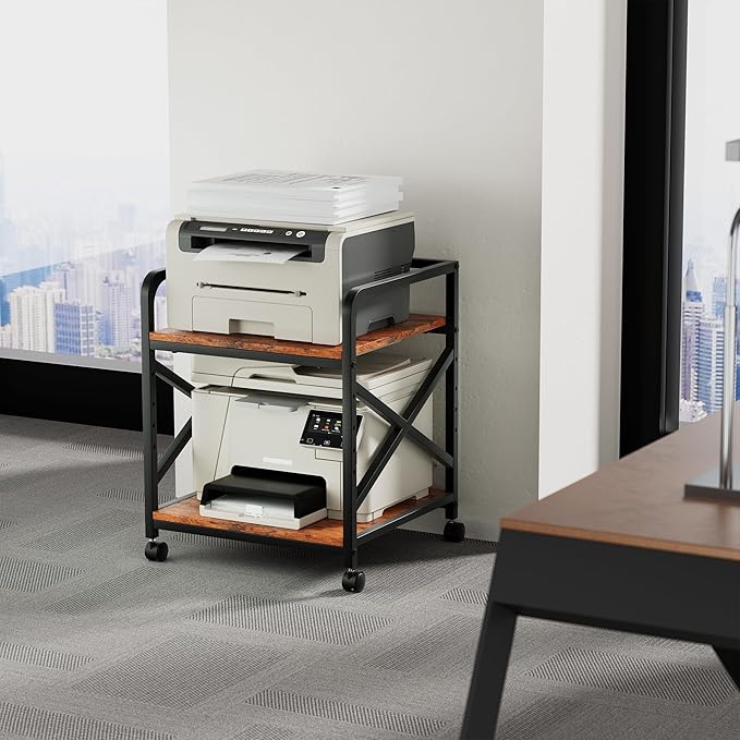 Ollieroo 2 Tier Printer Stand with Storage Shelf, Printer Table with Height Adjustable Top Shelf, Under Desk Storage Printer Cart for Paper Shredder Scanner, 3D Printer Stand for Home Office(Vintage)