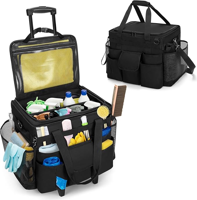 LoDrid Rolling Cleaning Caddy with Lid, Cleaning Supplies Organizer with Detachable Trolley, Cleaning Caddy Cart on Wheels with Handle and Shoulder Strap for Housekeepers, Black, Bag Only