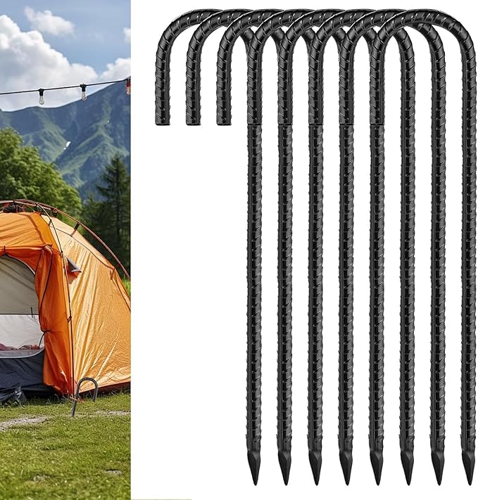 Black Rebar Stakes 12 inch (8pcs) - Heavy Duty 6mm Metal J Hook Ground Stakes,Galvanized Steel for Tent,Bounce House,Fence,Dog Coop,Artificial Turf,Outdoor Plants,Christmas & Holiday Decorations