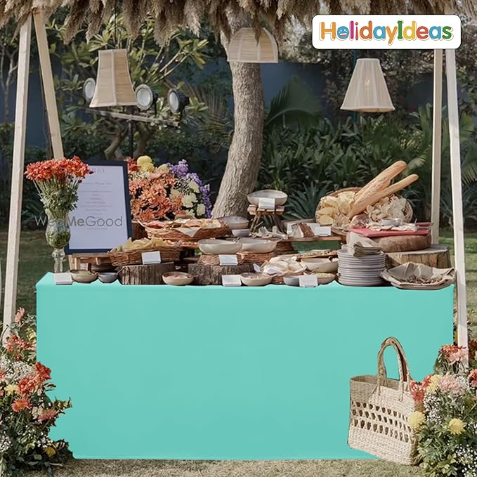 HolidayIdeas Open Back Fitted Tableclothss for 6 Foot Rectangle Table, Wrinkle Resistant Washable Table Covers 72x30 Inch for Craft Fairs, Banquets, Baby Shower, Aqua,4 Pcs