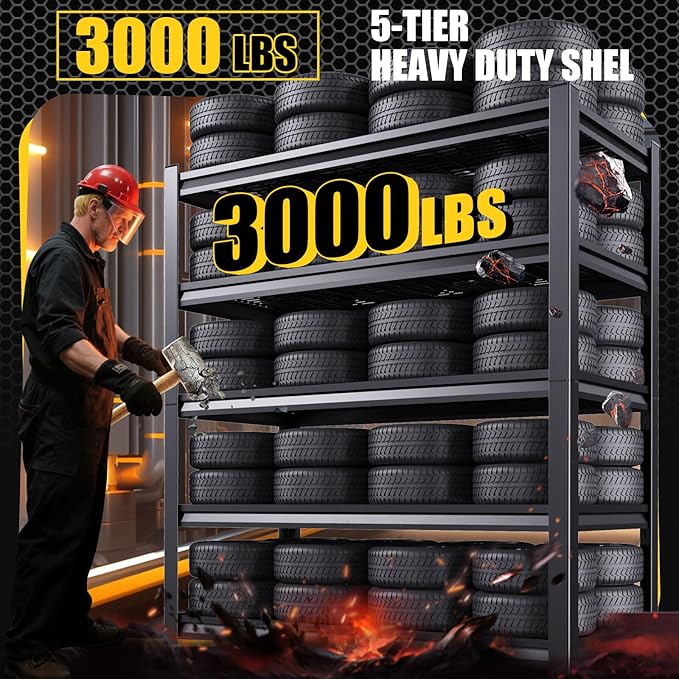 72”H*46”W Metal Garage Shelving Unit, Heavy Duty 5-Tier Garage Storage Shelves, 3000 lbs Large Industrial Shelving, Adjustable Wire Shelves Utility Rack Shelf, Steel Shelving for Warehouse, Black