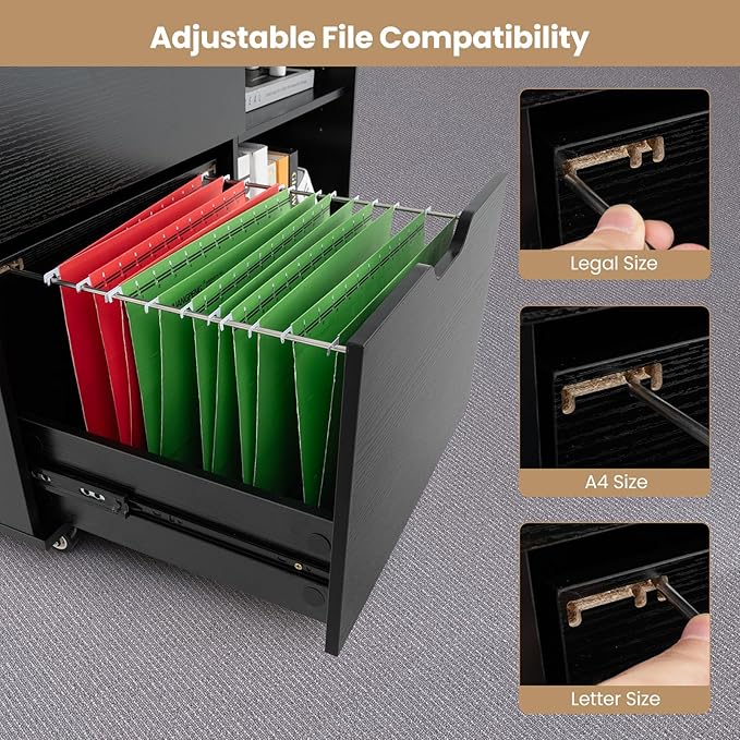 LOKO 3-Drawer File Cabinet, Mobile Printer Stand Cabinet with Adjustable Shelf, Rolling Lateral Filing Cabinet with Wheels for Letter, A4, Legal Size, for Home Office Organization (Black)