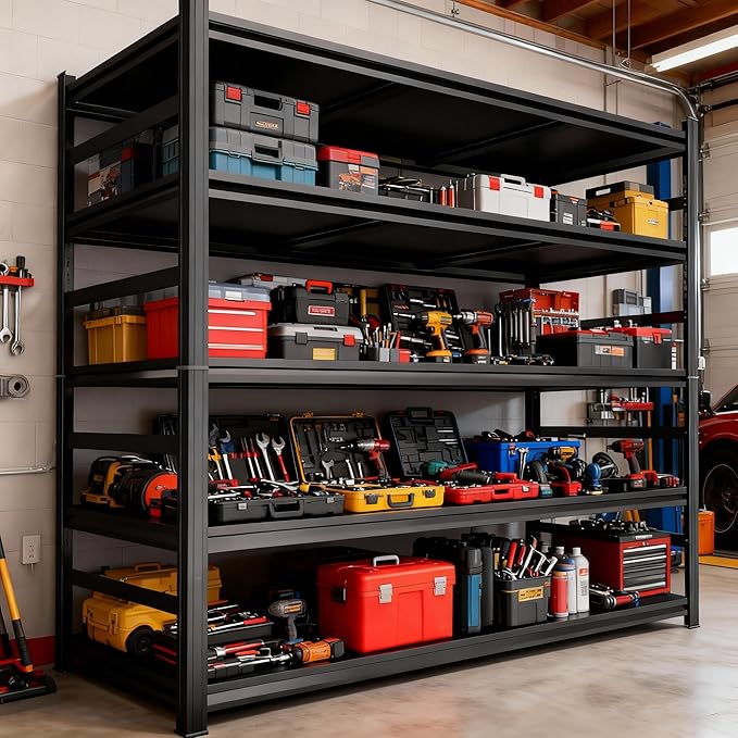 Garage Shelving, 72" H × 48" W Heavy Duty Metal Shelving - Easy to Assemble, Adjustable 5-Tier Storage Shelves, Double-Thickened Columns, 3000 lbs Capacity, for Garage, Pantry Storage, Black