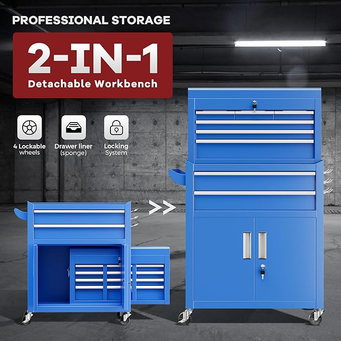 Bonusall 8 Drawer Rolling Tool Chest and Cabinet Combo,Heavy-Duty Metal Garage Tool Chest with Wheels and 2 Doors,2-in-1 Top Box and Roller Cabinet Combo for Garage, Workshop, Warehouse-Blue