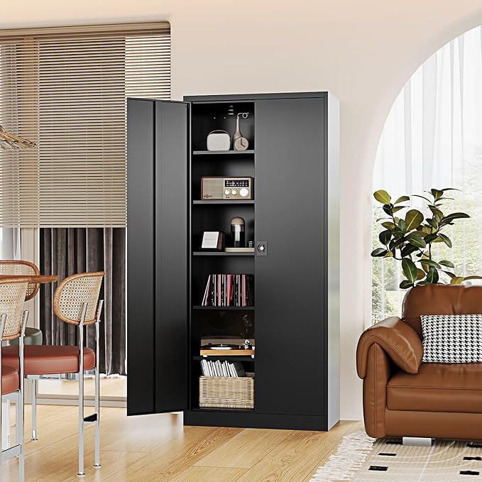 Metal Storage Cabinet-71” Tall Steel File Cabinets with Lockable Doors and Adjustable Shelves-Black Steel Storage Cabinet for Home,Kitchen, School, Office, Garage