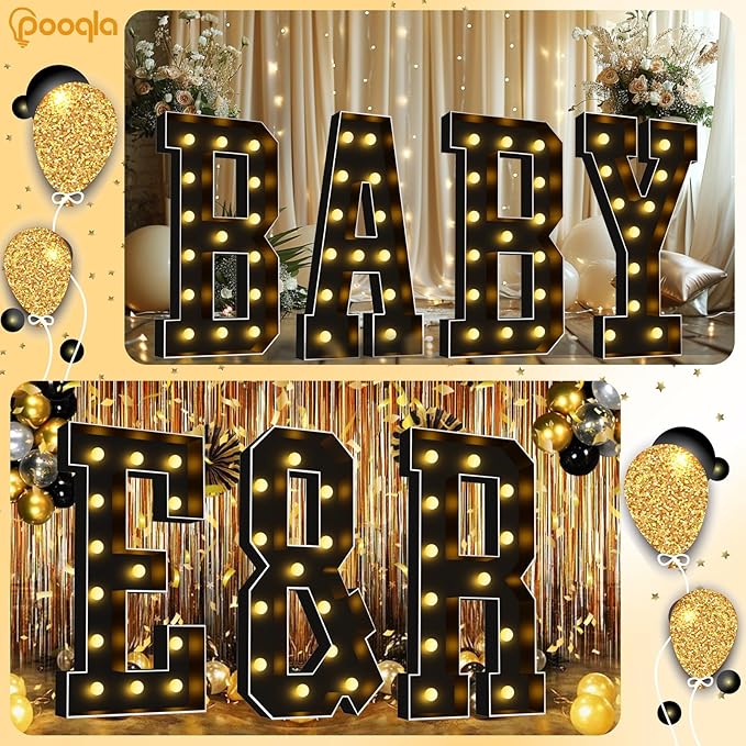 Pooqla 4 FT Marquee Light Up Letters, Black Marquee Letter Lights 4 Feet Tall, Giant Mosaic Sign Big for Balloons Birthday Party Anniversary Wedding Decorations, Warm White Letter Q