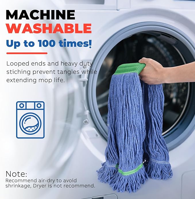 Onesimus 28 oz Heavy Duty Mop Head Replacement, 5 Inch Headband for Quick Change Handle, Blue Loop-End Cotton Blend String Wet Dry Floor Mop Refill Commercial Cleaning Supplies, 3 Pack X-Large