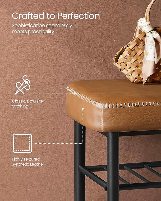 VASAGLE EKHO Collection - Shoe Rack Bench, Storage Bench for Entryway, Synthetic Leather with Stitching, Mid-Century Modern, Loads 300 lb, 11.8 x 39.4 x 19.7 Inches, Caramel Brown ULSB113K01