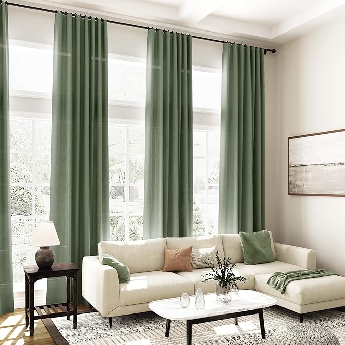 Nanspring Olive Green Linen Curtains for Living Room 2 Panels Set 105 Inch Length Back Tab Light Filtering Semi Sheer Curtain Drapes for Bedroom 52x105