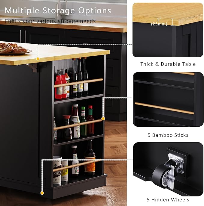 Yayzy Rolling Kitchen Island with Drop Leaf & Storage, Mobile Kitchen Cart on Wheels with 5 Open Shelves, Towel Rack & Power Outlet for Kitchen and Dining Room, Black, 53-Inch