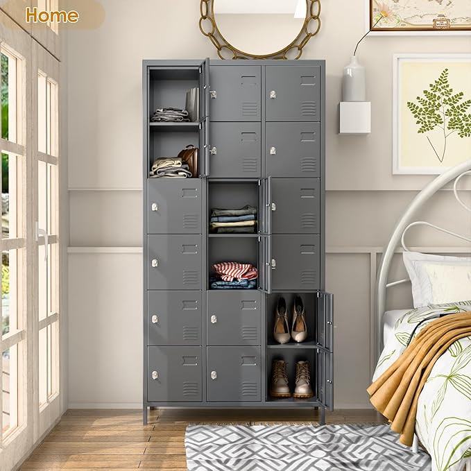 Aobabo 18 Doors Metal Locker for Employees,Metal Storage Locker Cabinet with Lock and Leg, for Office Garage School Home Industrial, Assembly Required, Dark Grey