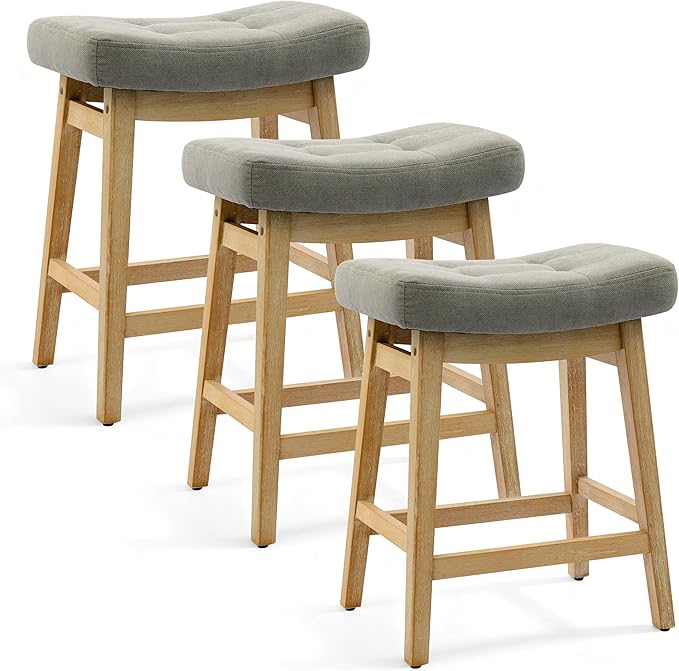 Counter Height Bar Stools Set of 3 for Kitchen Counter Farmhouse Modern Barstools with Upholstered Fabric Backless Seat and Solid Wood Legs 24 inch Bar Chairs, Grey + Wood Color