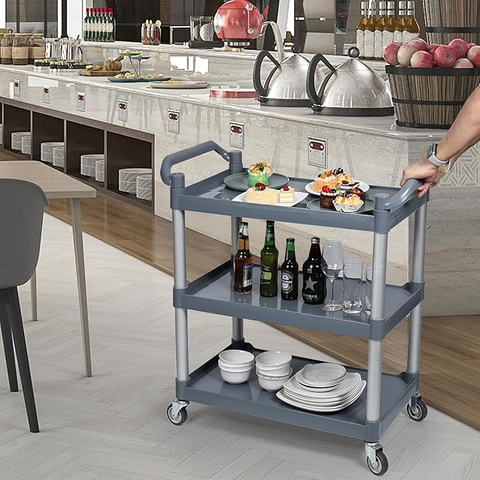 Farmoon Plastic Utility Cart with Wheels, 3-Tier Restaurant Cart, Rolling Food Service Cart, Grey