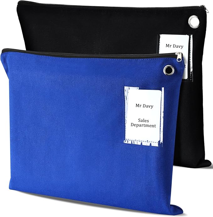 2 Pcs Interoffice Mailer Canvas Transit Sack Zipper Bag 18" x 14" Large Zipper Pouch with Grommet Interoffice Mail Bag (Black,Blue)