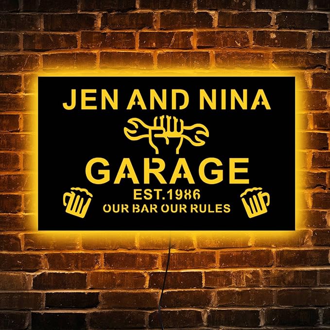 Custom Garage LED Sign, 12.0 inches × 7.0 inches, Wood, Art Deco, Personalized Garage Neon Light, Wall Mount, Neon Light, Property Decorative Signage