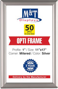 M&T Displays Opti Snap Poster Frame 11x17 Inch Silver 1" Aluminum Profile Front Loading Wall Mounting Photo Picture Document Certificate Sign Holder Mitered Corner Anti Glare Cover (50 pack)