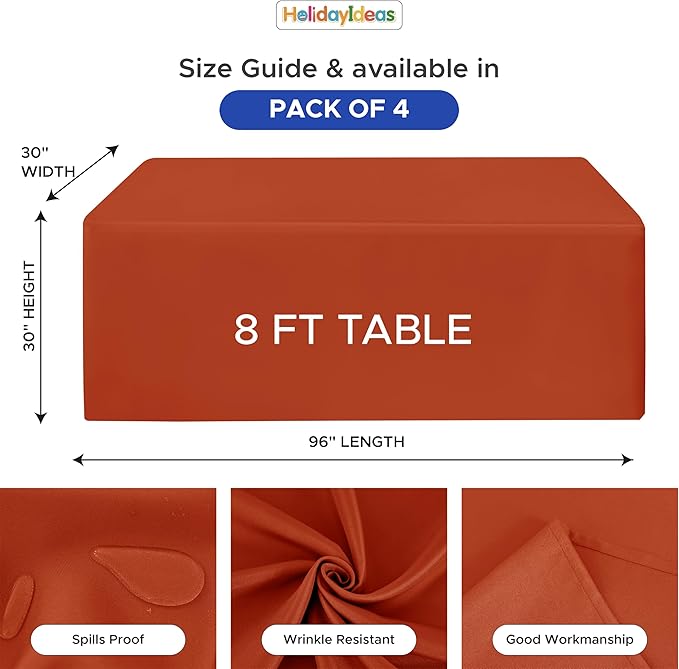 HolidayIdeas 4 Pack 3-Sided Christmas Fitted Tablecloth for 8ft Tables, Open Back Rust Table Cover for Vendor Booth Display, Craft Fair, Trade Show, Allows Seating & Easy Access Storage