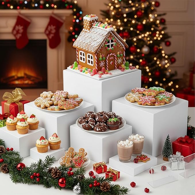 DomeStar 6PCS Buffet Risers and Stands Set, White Plastic Food Risers for Dessert Table Party Display - Cupcake, Cake, Fruit, Wedding Catering and Event Decoration