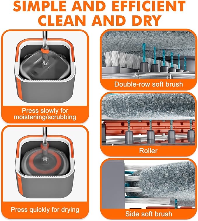 KZKR Upgraded Spin Mop and Bucket Set, Separate Clean and Dirty Water System, 360° Foldable Square Mop Head with Washable Microfibe Mops Pad, Detachable Bucket for Home Floor Cleaning