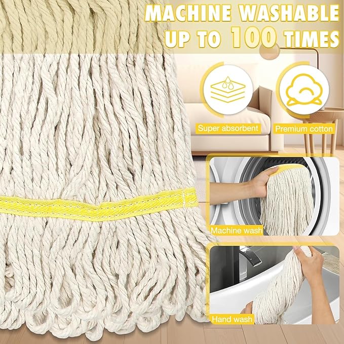 Looped End Commercial Industrial Mop Replacement Head, Heavy Duty String Wet Refill Mop Head for Commercial Industrial Grade Floor Cleaning,2 Pack,Yellow