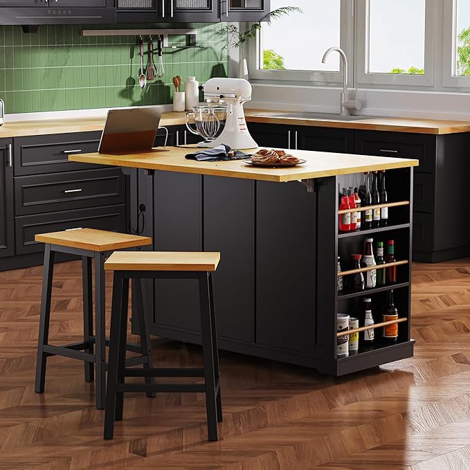 Rolling Kitchen Island with 2 Bar Stools, Drop Leaf & Power Outlet, Large Kitchen Islands Cart on Wheels, Movable Kitchen Island with 5 Open Shelves & Towel Rack for Kitchen, Dining Room, 53″, Black