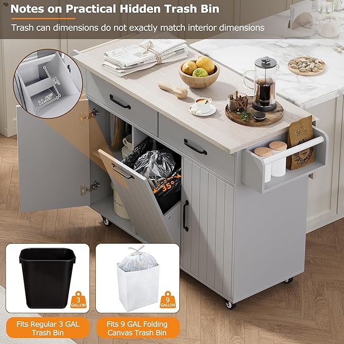 51" Moveable Kitchen Island with Trash Can Storage Cabinet, Kitchen Cart with Drop Leaf, Spice Rack, Towel Rack and Drawer, Rolling Kitchen Island on 5 Wheels with Adjustable Shelf, Grey