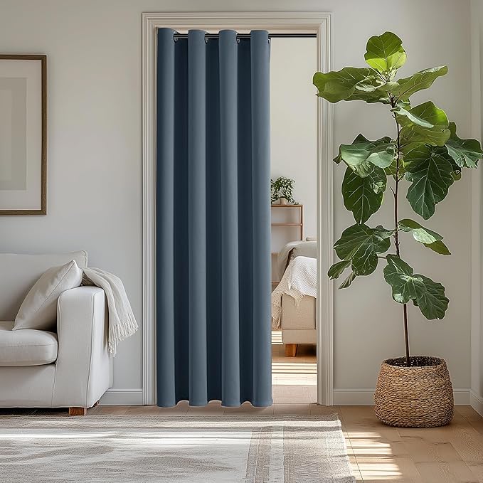 ChrisDowa Blackout Door Curtains for Doorway Privacy, Grommet Closet Curtains for bedroom closet door, Thermal Insulated Temporary Doorway Cover Room Divider Drapes (1 Panel, Stone Blue, 52 x 80 Inch)