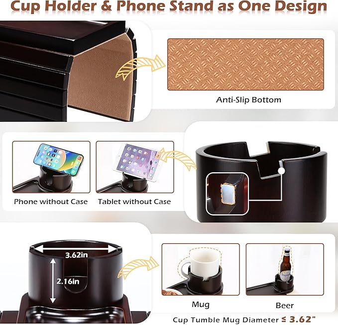 Couch Cup Holder Tray, 15.75" Bamboo Cup Holder for Couch, 3 in 1 Foldable Arm Chair Clip on Side Tray Table for Remote Snack Table on Armrest
