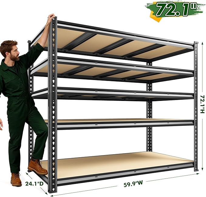 59.9" W Garage Shelves 2230LBS Metal Shelving, 5 Tier Adjustable Garage Storage Shelves, Heavy Duty Shelving for Storage, Basement, Warehouse, Pantry, Kitchen, 59.9"W x 24.1"D x 72.1"H, Black