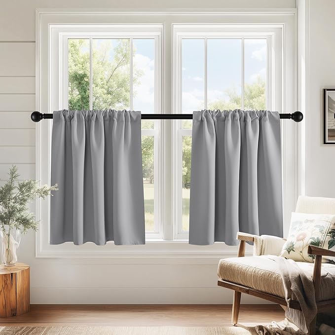PONY DANCE Silver Grey Short Window Curtains for Kitchen 24 inch Long, 2 Panels Set Half Window Drapes for Bedroom Basement, Blackout Small Curtains for Travel Trailers, Width 29 x Length 24 inches
