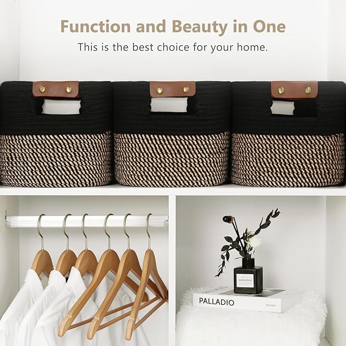 Cotton Rope Basket, Storage Baskets with Handle, 15x10x9 Inch Woven Basket for Shelves, Laundry, Towels, Clothes, Books, (Black Brown 2 Pack)
