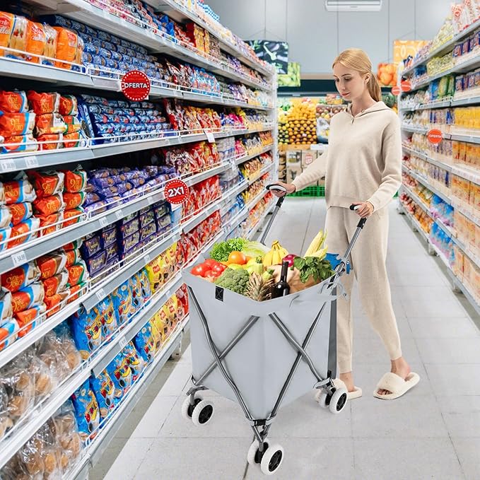 GOFLAME Folding Shopping Cart on Wheels, Waterproof Grocery Cart with Removable Cover and 360° Swiveling Wheels, Collapsible Utility Cart for Groceries and Laundry, 120LBS Load Capacity, Gray
