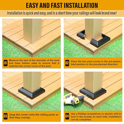 5.5"x5.5"（Actual: 5.5"x5.5"） Deck Post Base Cover Decorative Post Base Trim Skirt Black Aluminum 4Pack