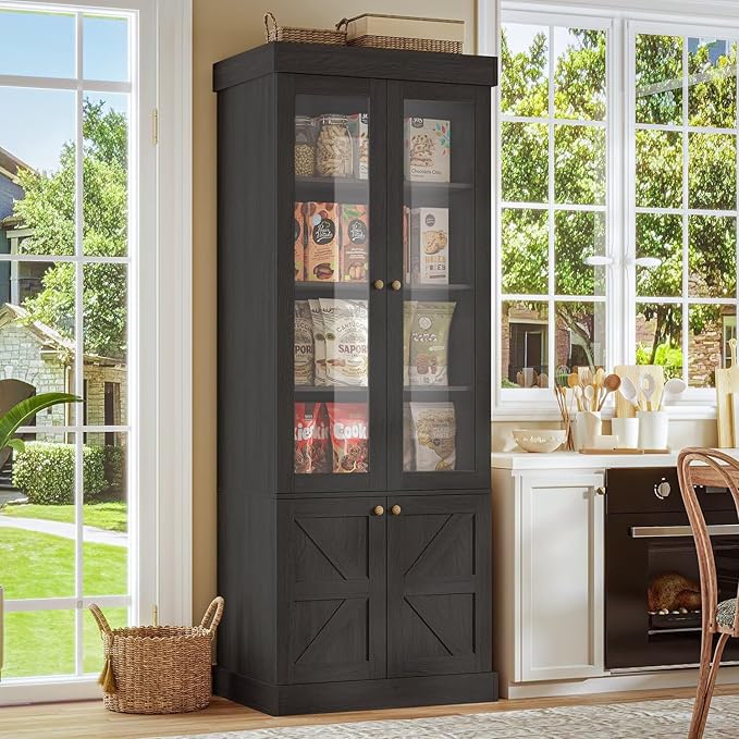 Vyre 71" Tall Farmhouse Bookshelves with Glass Doors and Drawers, Set of 2 – Large Modular Bookcase with Adjustable Shelves, Storage Cabinet for Living Room, Kitchen, Black