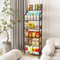 Snack Rack Display Stand, 5 Tier Metal Retail Candy Display Rack with Wheels, Removable Bread Organizer Stand with 10 Hooks, Snack Organizer for Stores, Living Room, Kitchen, Office (Black)
