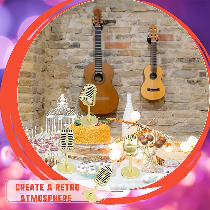 10 Pack Retro Microphone Props Fake Microphone Model with Stand Classic Vintage Plastic Antique Mic Table Decor for Halloween Party Decoration Rock Hip Hop Music Prop Pretend Play (Golden)