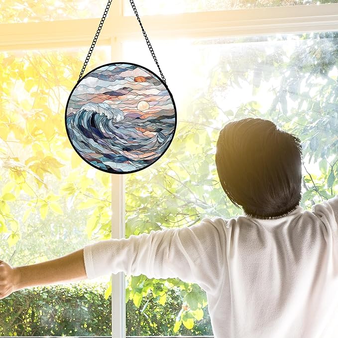 Stained Glass Window Hanging, Sunrise Waves Sun Catchers Diamond Glass Panel Hangings Abstract Suncatcher Decor for Birthday for Women, Men, Wife, Aunt, and Mom 6.3 in