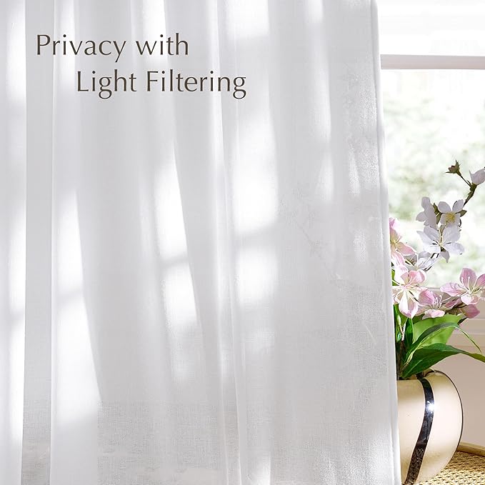 NICETOWN White Linen 108 inch Curtains, Back Tab/Rod Pocket with Pleat Tape Privacy Added with Light Filtering Semi Sheer Window Treatments for Living Room, W52 x L108, 2 Panels