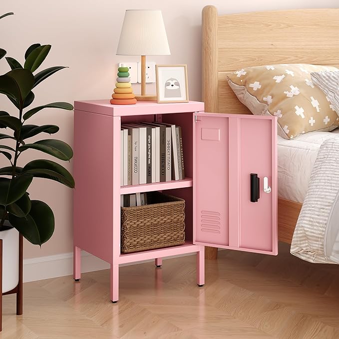Aobabo 24.4" H Metal Locker Storage Cabinet with 1 Doors, Pantry Storage Cabinet with Adjustable Leveling Foot and Adjustable Shelves, for Kitchen, Employees, Office, Home, Assembly Required, Pink